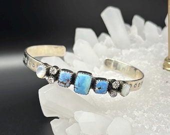 925 Sterling Silver Cuff  Bracelet with Golden Hills Turquoise, White shell and Zircons. Adjustable