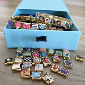 Bracelet italien à breloques, breloques italiennes dorées personnalisées, bracelet italien personnalisé, breloques, bijoux cadeaux pour elle, cadeau d&#39;anniversaire, cadeau maman
