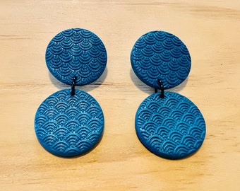 Shimmering Lagoon Double Drop Earrings - Polymer Clay - Circle - Blue - Statement Earrings