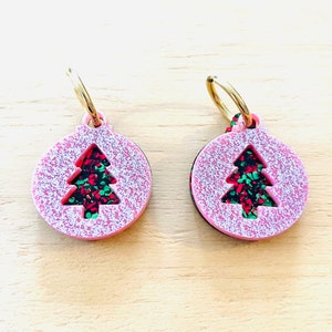 Christmas Bauble Stacker Huggie Earrings - Acrylic, Pink Glitter, Christmas Glitter, Christmas Tree, Baubles