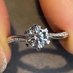 14k Solid Gold 2.50CT Moissanite Engagement Ring, Round Cut Solitaire With Accents Ring, 6 Prong Half Eternity Pave Wedding Ring For Sale