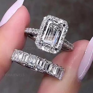Emerald Cut Moissanite Solitaire Ring With Full Eternity Emerald Cut Wedding Band, Bridal Ring Set, Wedding Ring Set, Moissanite Ring Set.