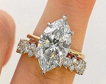 4 CT Marquise Cut Engagement Ring Set, Vintage Moissanite Solitaire Ring Set & Round Full Eternity Band, Wedding Bridal Set Vintage Ring Set