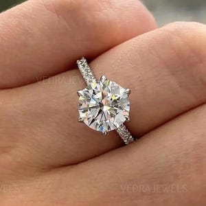 Solid Gold Hidden Halo Round Moissanite Engagement Ring, Eternity Promise Ring for Women, Anniversary/ Birthday Gift for Her