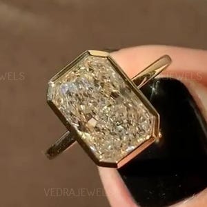 Solid Gold Radiant Moissanite Engagement Ring with Bezel, Promise Ring, Proposal Ring, Anniversary/ Birthday Gift for Women