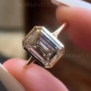 Emerald Cut Moissanite Bezel Engagement Ring, Solitaire Wedding Ring for Her, Classic Comfort Fit Ring, Yellow/White/Rose Gold Handmade Ring