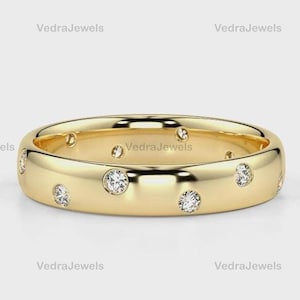 Flush Set Diamond Band Scattered Moissanite Wedding Band Womens Classic Band 14k Solid Gold Minimalist Eternity Ring Handmade Unique Ring