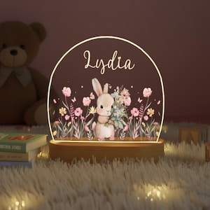 Personalised Children's Cute Bunny Night Light, Custom Floral Plaque with Name, LED Lamp, Nursery Decor, Baby Girl, Gift For New Baby