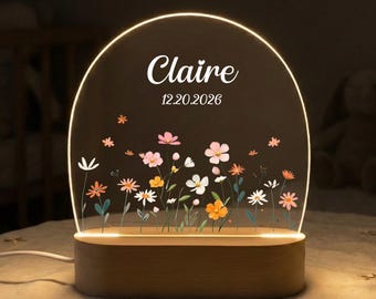 Luz de noche personalizada con nombre para niña, lámpara de noche con diseño de conejito y flores, regalo para niños, lámpara LED para dormitorio de niña, decoración infantil.