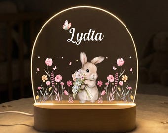 Personalised Name Night Light for Girl, Bunny Flowers Night Lamp, Kids Night Light Gift, LED Lamp for Baby Girl Bedroom, Kids Nursery Decor