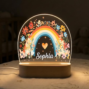 Personalized Rainbow with Floral Night Light, Custom Night Light for Baby Girl, Toddler Bedside Night Light, Flower Lamp for Nursery Decor
