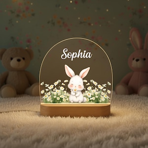 Personalised Cute Bunny Floral Night Light, LED Lamp for Baby Girls, Custom Floral Plaque with Name, Nursery Decor, Baptism Baby Shower Gift