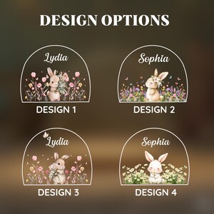 May include: Design options featuring four illustrations of bunnies in a floral setting. Each design includes a bunny with flowers and the names "Lydia" or "Sophia". The text "DESIGN OPTIONS" and "DESIGN 1", "DESIGN 2", "DESIGN 3", and "DESIGN 4" are also present.