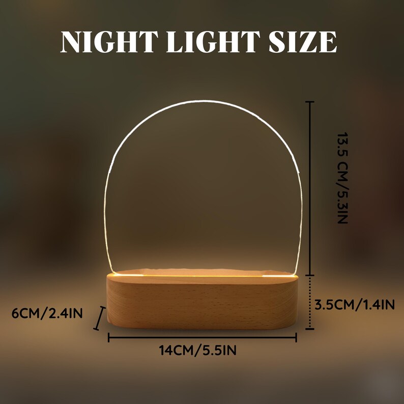 May include: A night light with a wooden base and a curved, illuminated top. The dimensions are 14 inches wide, 5.3 inches tall, and 2.4 inches thick. The text "NIGHT LIGHT SIZE" is at the top.