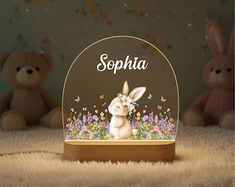 Personalised Name Night Light for Girl, Bunny Flowers Night Lamp, Kids Night Light Gift, LED Lamp for Baby Girl Bedroom, Kids Nursery Decor