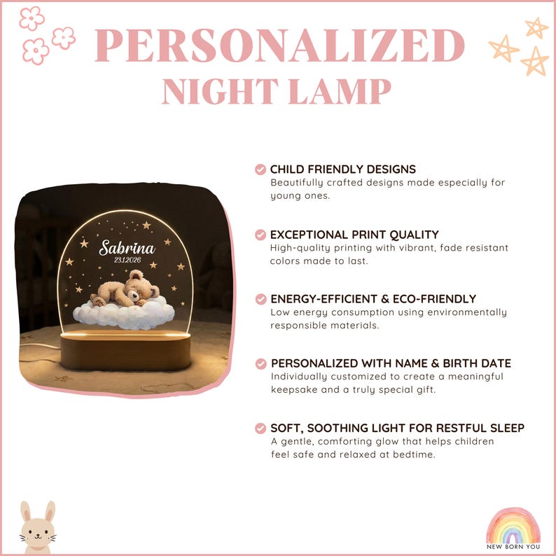 Personalised Name Night Light for Girl, baby gift birth, christening gift, children's room, birthday gift, bedside lamp, night light, baby image 8
