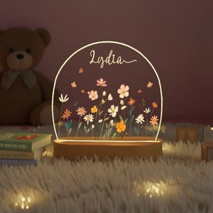 Personalised Colorful Flowers Night Light, Custom Floral Plaque with Name, LED Lamp, Nursery Decor, Baby Girl, Gift For New Baby