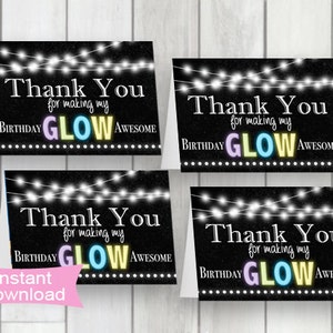 Glow party dank u afdrukbare schoolbord notitiekaarten, dank u gevouwen notitiekaarten, neon partij afdrukbare bedankkaart, tiener verjaardagsfeestje
