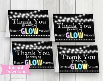 Glow party Thank You printable Chalkboard note cards, Thank you folded note cards, Neon party printable thank you card, teen birthday party