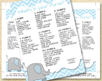 Baby Shower Printable Party Game, Blue, What's in your purse, what's in your bag, Instant Download, Baby shower invitation, girl baby shower