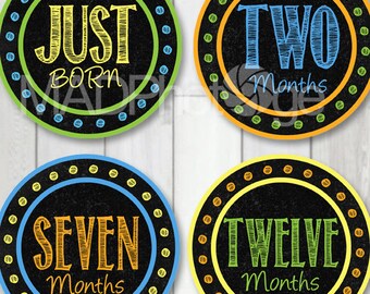 Baby Boy Month Stickers, Printable chalkboard stickers, Monthly Baby Stickers, Baby Milestone Stickers, 1st Year Baby Stickers