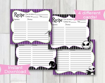 printable recipe cards, Nightmare before Christmas recipe cards, 6x5 inch, Instant Download recipe card, Shower recipe cards, recipe cards