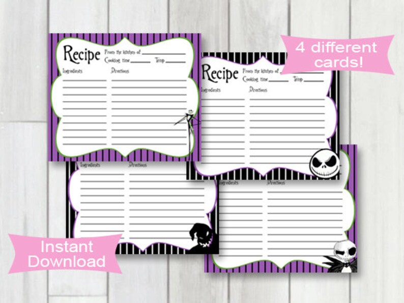 May include: Four printable recipe cards featuring a black and white striped background with purple accents. Each card has a space for the recipe name, ingredients, directions, cooking time, and prep time. The cards also feature a black and white illustration of Jack Skellington from the Nightmare Before Christmas.