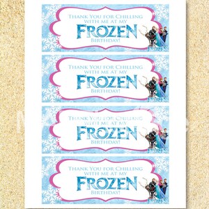 May include: Four rectangular labels with a light blue background and white snowflakes. Each label has the text "THANK YOU FOR CHILLING WITH ME AT MY FROZEN BIRTHDAY!" in blue and white. Images of characters from the movie "Frozen" are also present.
