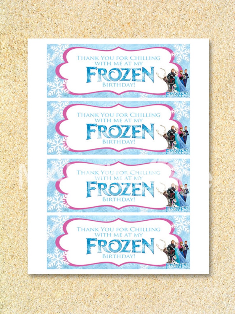 May include: Four rectangular labels with a light blue background and white snowflakes. Each label has the text "THANK YOU FOR CHILLING WITH ME AT MY FROZEN BIRTHDAY!" in blue and white. Images of characters from the movie "Frozen" are also present.