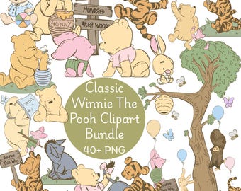 Classic Winnie The Pooh Clipart, Printable, Instant Digital Download, Vintage Pooh Baby Shower, 40 Image PNG Bundle