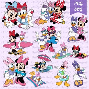 May include: A digital illustration featuring cartoon characters Minnie Mouse and Daisy Duck in summer settings. The characters are shown with sunglasses, ice cream, and beach items. The background is a light purple colour.