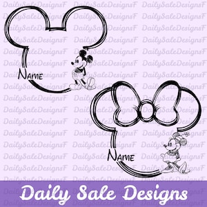 May include: Black and white line art of Mickey and Minnie Mouse heads with space for a name. The image includes the text "Daily Sale Designs" and is set against a light purple background.