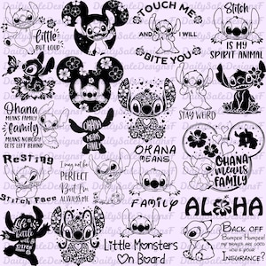 May include: A selection of black and white Stitch character designs, featuring phrases such as "Ohana means family" and "Little Monsters On Board." The designs incorporate floral and heart motifs, ideal for fans of the animated film.
