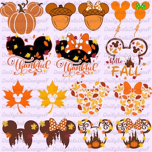 Puede incluir: Una colección de ilustraciones gráficas digitales con iconos de temática otoñal que incluyen calabazas, bellotas, hojas de arce y siluetas de orejas de ratón. Los diseños incorporan colores naranja, marrón, negro y amarillo con el texto Thankful y hello FALL.