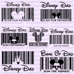 Può includere: Grafiche in bianco e nero con arte a codice a barre a tema Disney. I disegni includono sagome di Topolino, il testo "Disney Dad" e "Scan for Payment". Un disegno recita "Bank of Dad".