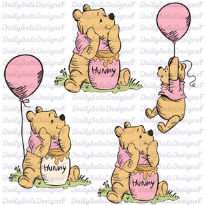 May include: A digital illustration set featuring a yellow bear character wearing a pink shirt. The bear is depicted in various poses, including sitting with a pink honey pot labeled HUNNY and holding a pink balloon, with black outlines.