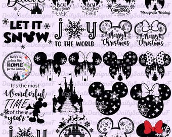 May include: A collection of black and white digital graphic designs featuring Mickey Mouse ear silhouettes, castle outlines, snowflakes, and holiday-themed text such as Believe, Let It Snow, Joy to the World, and Merry Christmas on a light purple background.