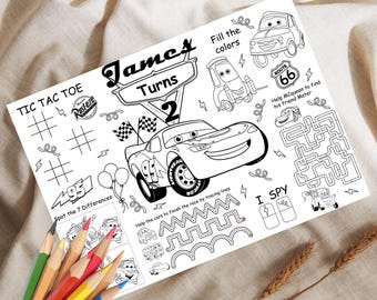 Lightning Cars Birthday Party Activity Sheet, Personalized Coloring Page (Digital Download)