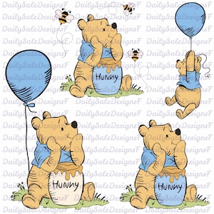 Pode incluir: Uma ilustração digital com o Ursinho Pooh em várias poses. O urso é retratado com um pote de mel com a etiqueta "Hunny" e um balão azul. As abelhas também estão presentes, adicionando ao tema caprichoso. A imagem tem um estilo desenhado à mão.