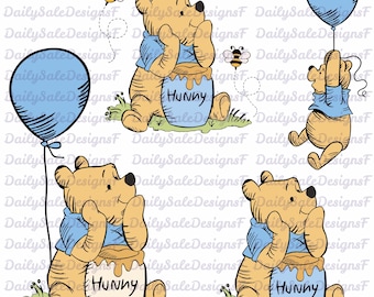 Winnie the Pooh Clipart, Blue Shirt Honey Pot, Nursery Baby Shower illustration (PNG 300 DPI)