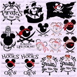 May include: A collection of pirate-themed graphics featuring Mickey Mouse and Minnie Mouse. Designs include pirate ships, flags, crossed swords, anchors, and text that reads "Pirates Life For Me" and "Captain Hook's Crew".