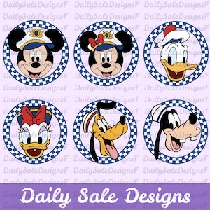 May include: A collection of circular cartoon character designs featuring Mickey Mouse, Minnie Mouse, Donald Duck, Daisy Duck, Pluto, and Goofy. Each character is in a navy and white nautical outfit, within a blue and white chequered border.