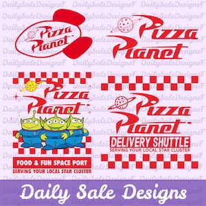 May include: Red and white Pizza Planet logo with the text "Pizza Planet" and a planet graphic. The image also features the text "Delivery Shuttle" and "Food & Fun Space Port".