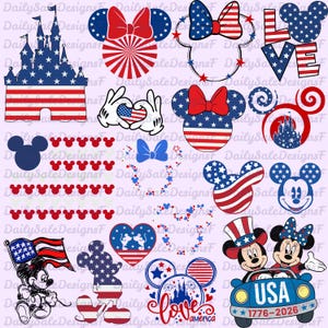 Pode incluir: Uma coleção de designs digitais com tema patriótico, com Mickey e Minnie Mouse. Os designs incluem cabeças do Mickey Mouse, laços, um castelo e a palavra "LOVE", todos em vermelho, branco e azul. Alguns designs têm o texto "USA 1776-2026".