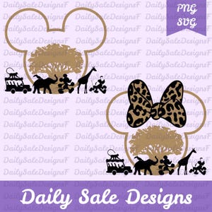May include: A digital design featuring a Mickey Mouse head outline with safari-themed elements. Includes a tree, safari vehicle, giraffe, elephant, and Mickey Mouse characters. The design also includes a leopard print bow and the text "Daily Sale Designs".