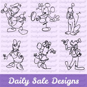 Puede incluir: Dibujo lineal negro de seis personajes de Disney: Pato Donald, Mickey Mouse, Pluto, Pata Daisy, Minnie Mouse y Goofy. Los personajes están en un estilo de línea continua. El texto "Daily Sale Designs" está en la parte inferior.