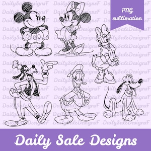 Puede incluir: Dibujo lineal en blanco y negro de Mickey Mouse, Minnie Mouse, Daisy Duck, Goofy, Donald Duck y Pluto. La imagen incluye el texto "PNG sublimation" y "Daily Sale Designs" en una pancarta morada.