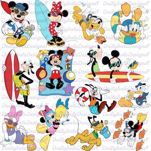 Peut inclure: Une collection de personnages de dessins animés, dont Mickey et Minnie Mouse, Dingo, Donald Duck et Pluto, dans diverses activités de plage et aquatiques. Les illustrations présentent des couleurs vives et des thèmes estivaux, comme le surf, la natation et le bain de soleil.