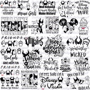 May include: A collection of black and white graphic designs featuring various Disney villains. The designs include text such as "Villains," "Wicked," and "Poor Unfortunate Souls." The image is a compilation of quotes and character illustrations.