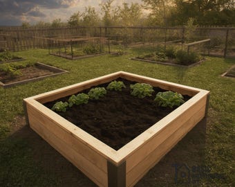 May include: A large, square wooden raised garden bed filled with dark soil and young plants. The bed is made of light-colored wood with dark corner posts, set on a grassy lawn. Other garden beds and a fence are visible in the background.